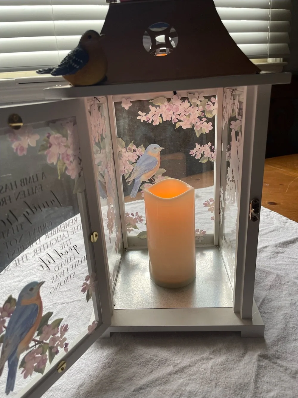 White & Copper Bird Memorial Lantern Decorative Cabinet with Floral Glass